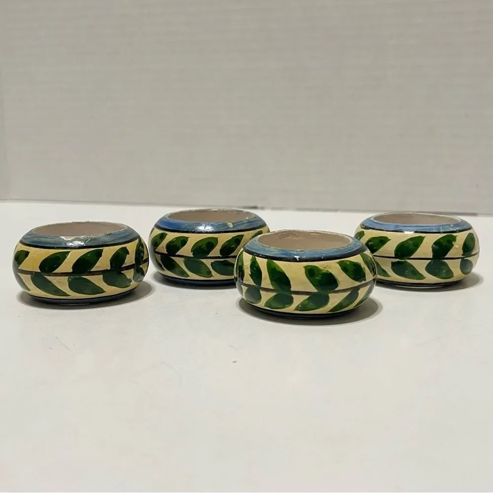 Hand Painted Green Leaf Vine Napkin Rings Multicolor Shabby Chic Cottage 4 Set